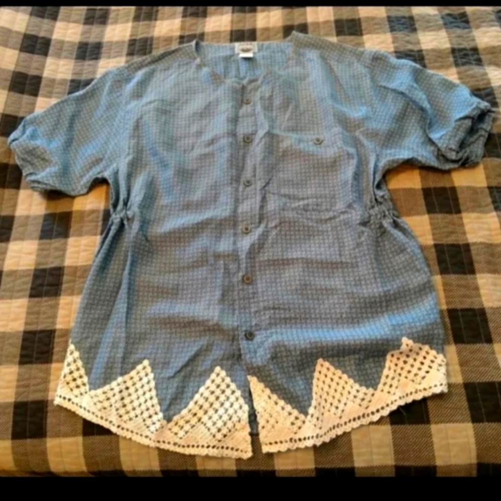 Light Blue Short-Sleeve Button-Up Blouse with Crochet Hem